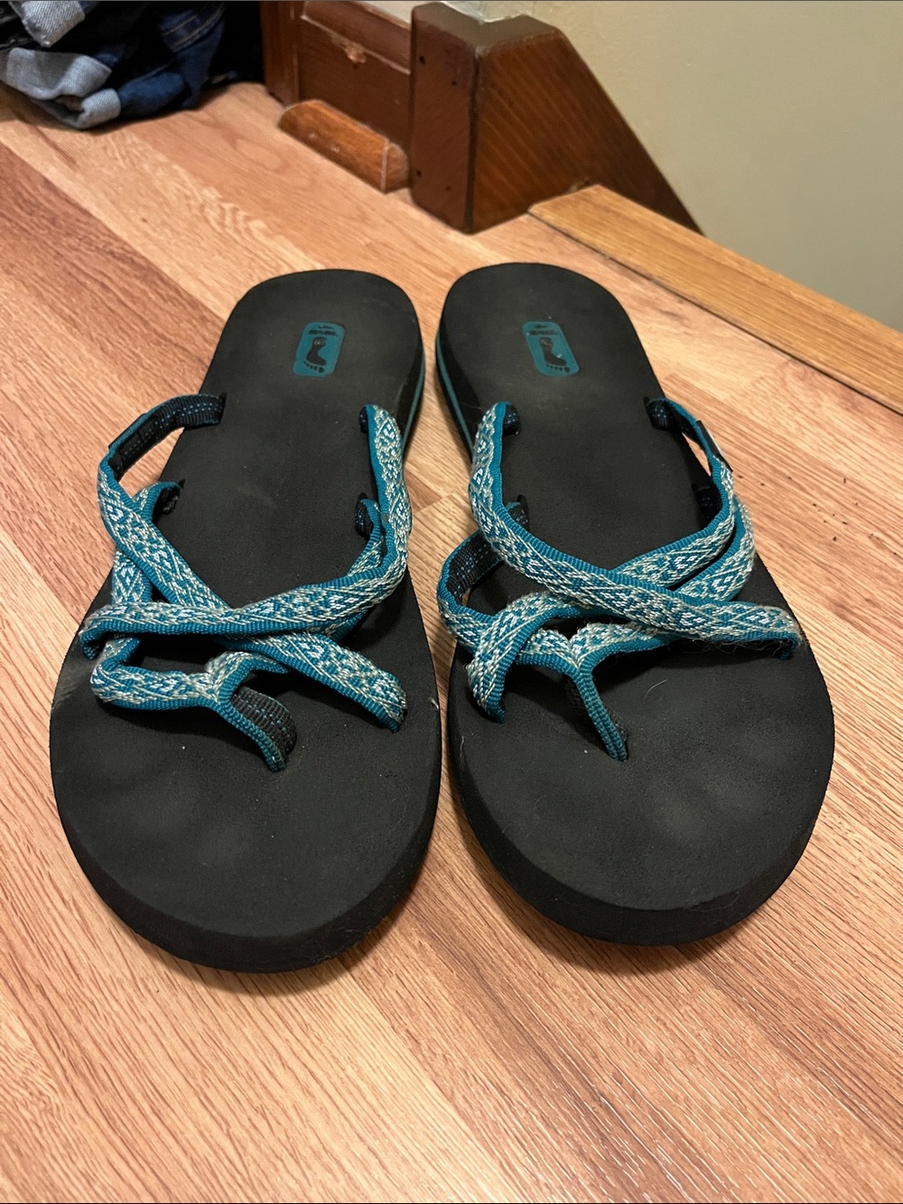 Teva Women's Black Footbed Sandals with Teal Patterned Straps